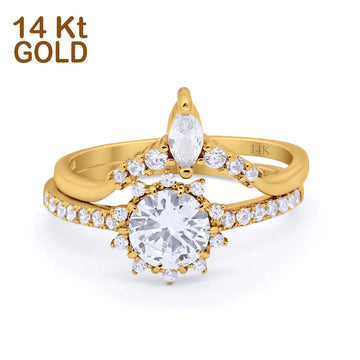 14K Yellow Gold Two Piece Art Deco Bridal Set Ring Band Round Engagement Piece Simulated CZ Size-7